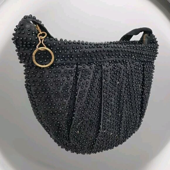 Unbranded Handbags - Vintage Plastic Beaded Bag Pleated Satchel Crescent Black Zippered Closure